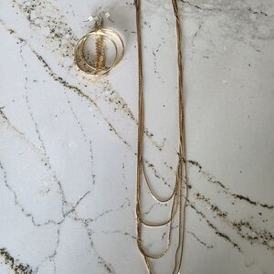 Twisted Silver Gold Necklace and Hoop Earrings Set